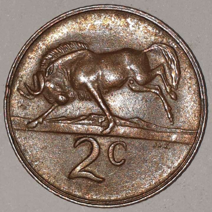 1974 - 2 CENT COIN (TWO CENT COIN) - RSA - BRONZE - KM#83 - BILINGUAL LEGEND - WILDEBEEST